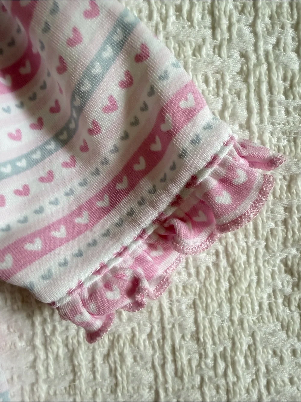 Kissy Kissy Pink & White Heart Stripe Ruffled Footie Onesie